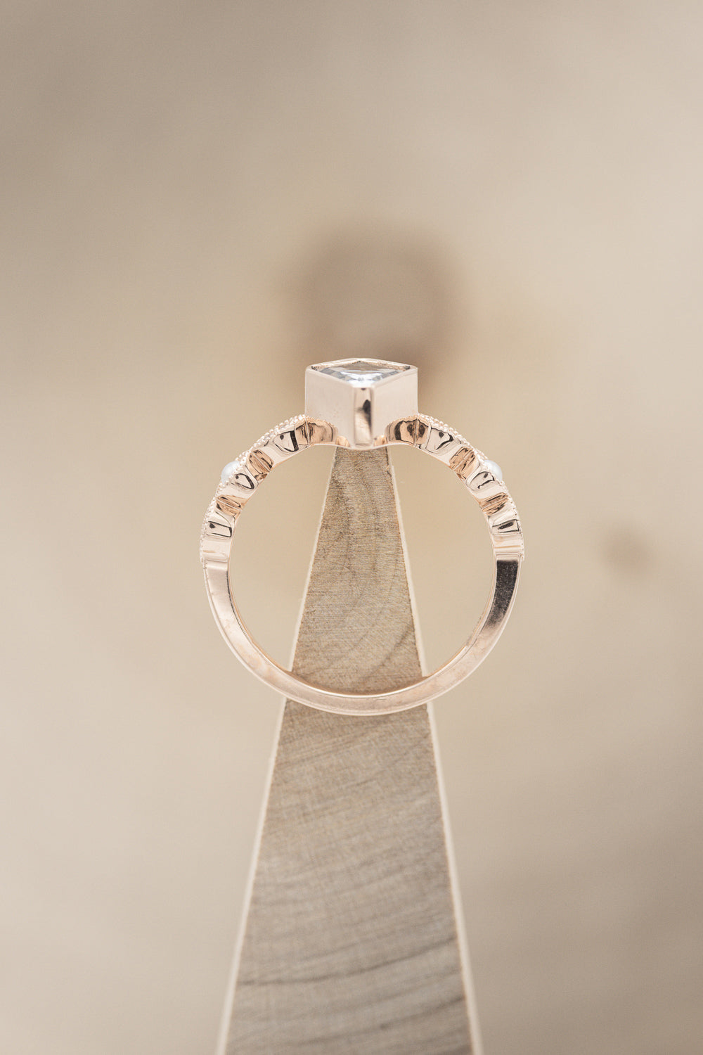 "BIANCA" - BRIDAL SUITE - KITE CUT AQUAMARINE ENGAGEMENT RING WITH PEARL & DIAMOND ACCENTS-13