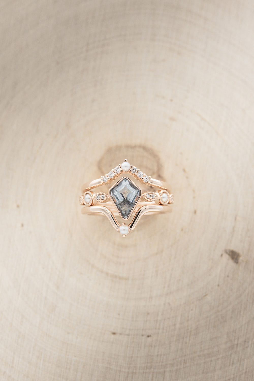 "BIANCA" - BRIDAL SUITE - KITE CUT AQUAMARINE ENGAGEMENT RING WITH PEARL & DIAMOND ACCENTS-2