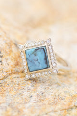 Shown Here Is The "Zara" , A Bezel Turquoise & Diamond Accents Women's Engagement Ring Staghead Designs