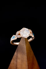 "LUCY IN THE SKY" PETITE - FACETED HEXAGON MOONSTONE ENGAGEMENT RING SET WITH DIAMOND ACCENTS & TURQUOISE INLAYS