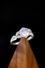 "LUCY IN THE SKY" PETITE - FACETED HEXAGON MOONSTONE ENGAGEMENT RING SET WITH DIAMOND ACCENTS & TURQUOISE INLAYS