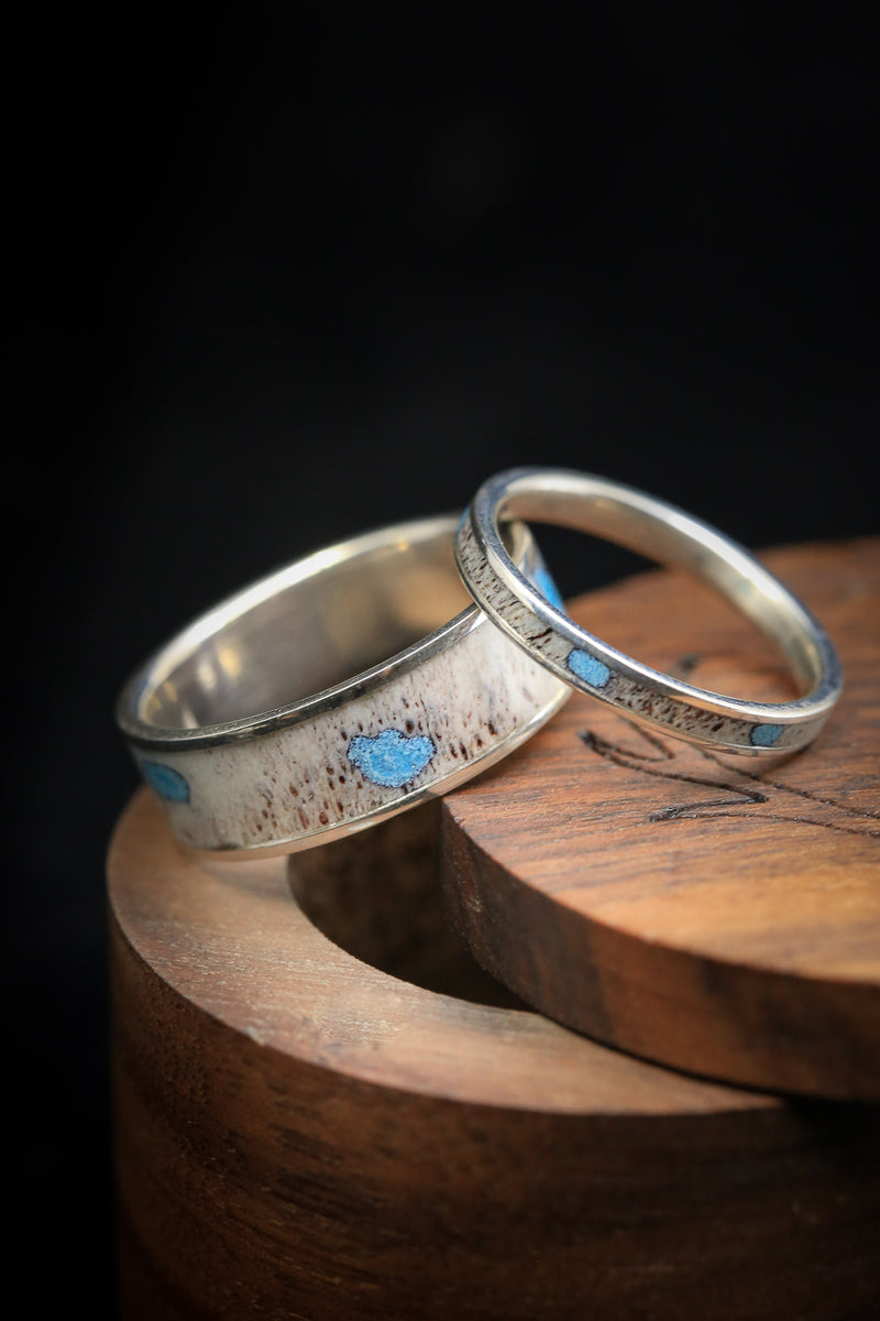 Antler and turquoise matching wedding band set ! "Rainier" is a custom, handcrafted wide men's wedding ring featuring antler and turquoise deposits. "eterna" is a thin women's band featuring antler with turquoise deposits-Additional inlay options are available upon request.