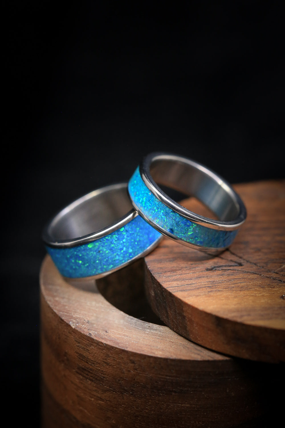 "RAINIER" - MATCHING SET OF BLUE OPAL WEDDING BANDS-2