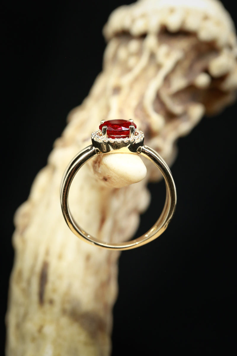 ROUND CUT LAB-GROWN RUBY ENGAGEMENT RING WITH DIAMOND HALO