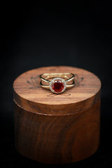 ROUND CUT LAB-GROWN RUBY ENGAGEMENT RING WITH DIAMOND HALO