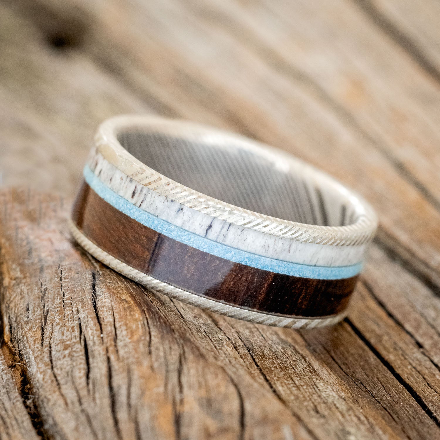 "RAINIER" - ANTLER, IRONWOOD & TURQUOISE WEDDING BAND-6