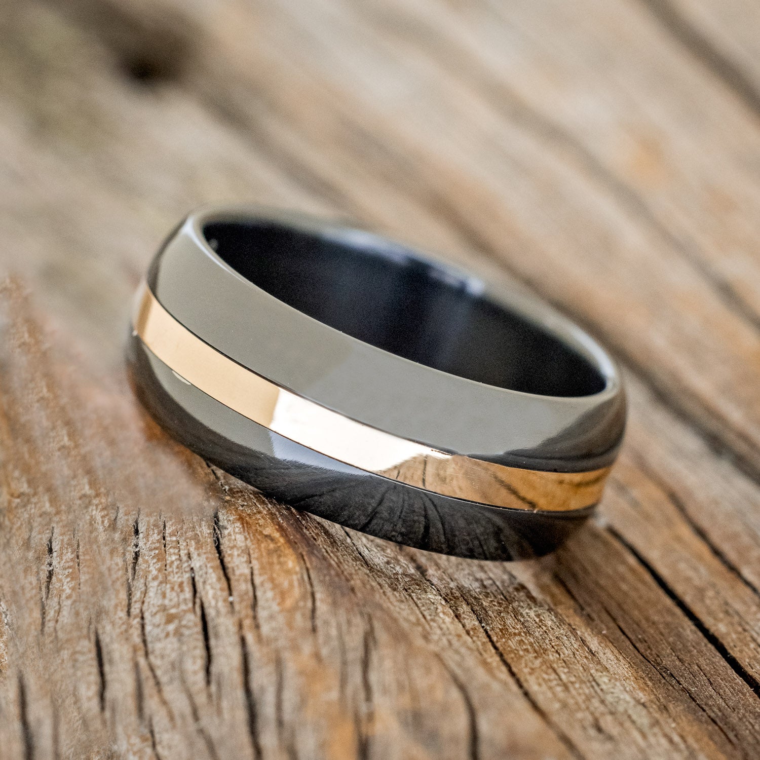 "NIRVANA" - DOMED DAMASCUS STEEL WEDDING RING WITH A 14K GOLD INLAY-6