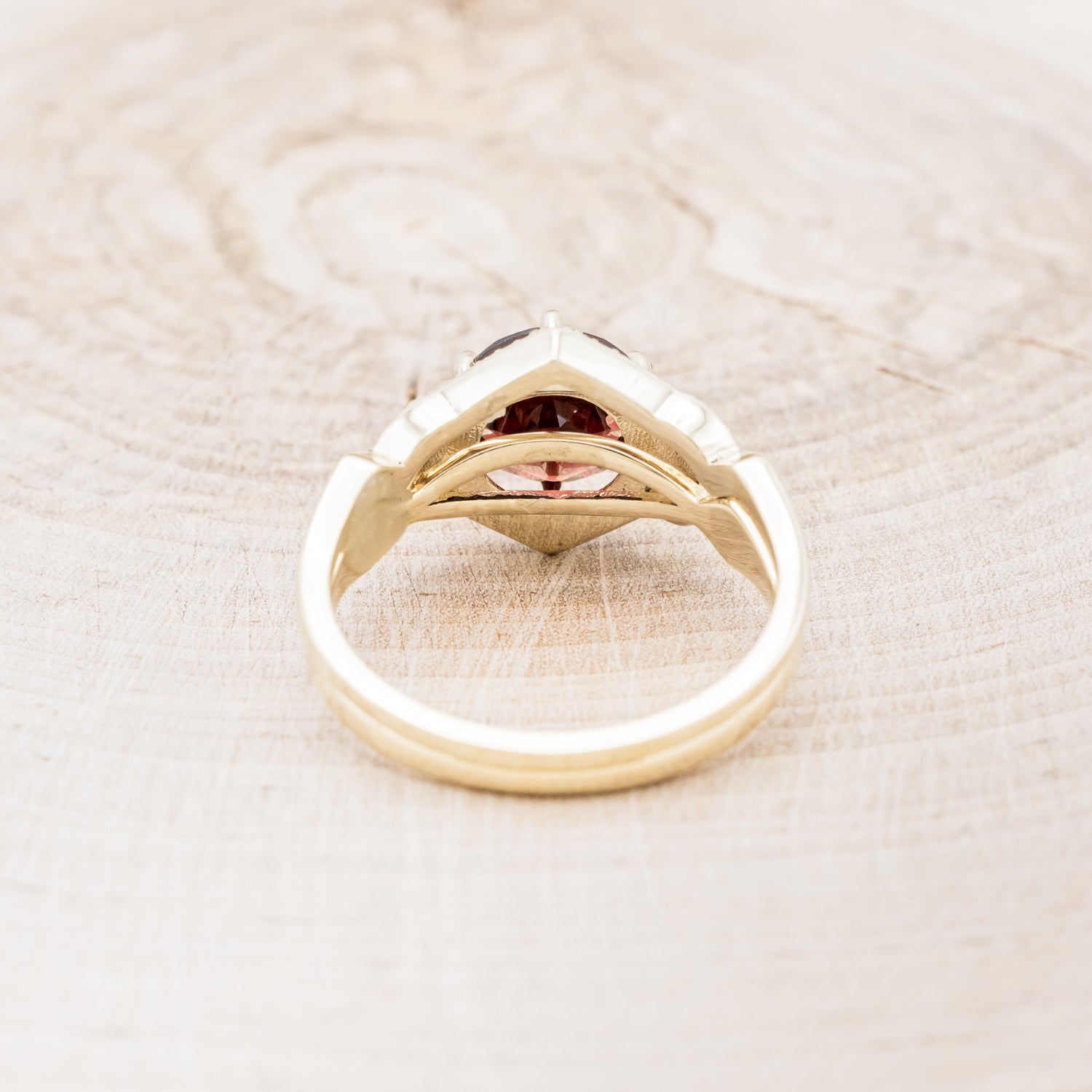 "LUCY IN THE SKY" - ROUND CUT GARNET ENGAGEMENT RING WITH DIAMOND ACCENTS, RED OPAL INLAYS WITH TRACER-6