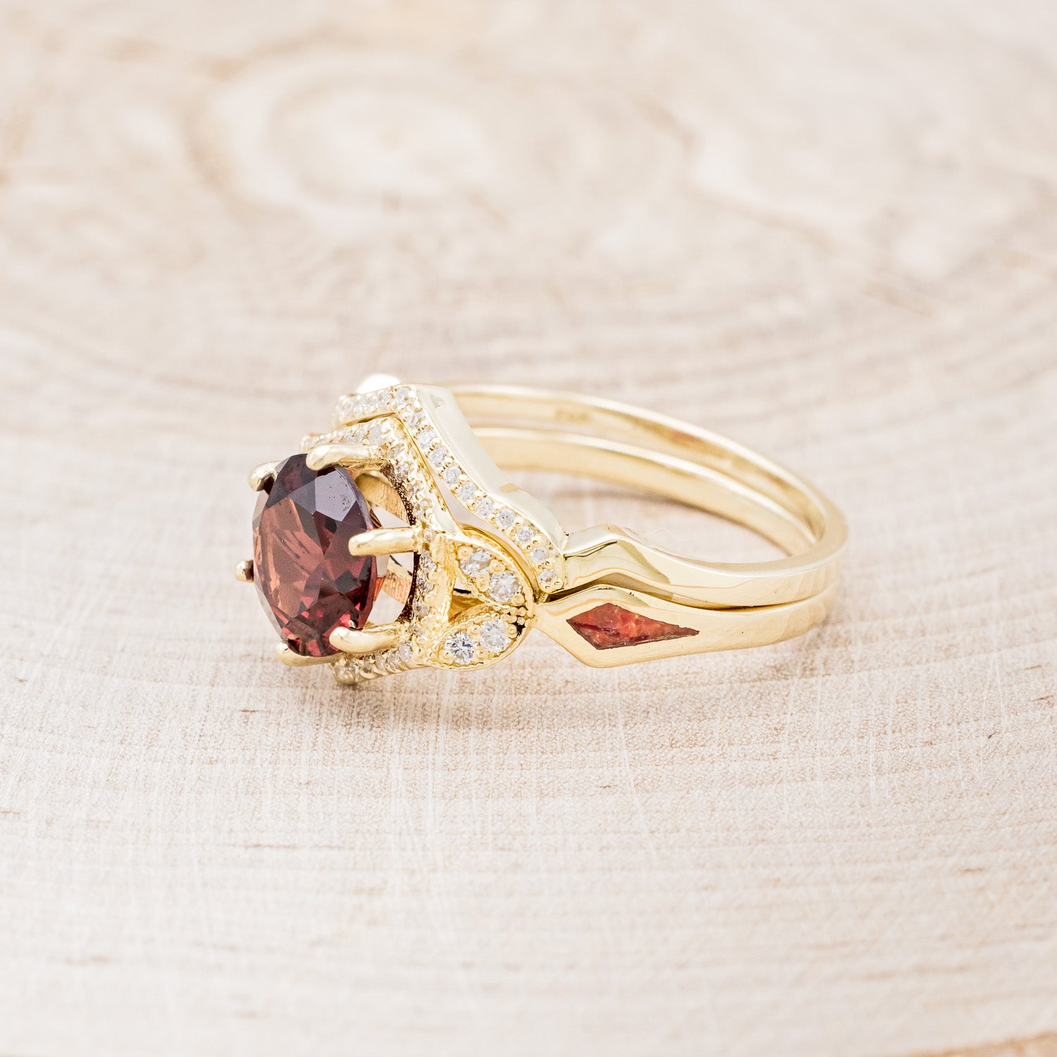 "LUCY IN THE SKY" - ROUND CUT GARNET ENGAGEMENT RING WITH DIAMOND ACCENTS, RED OPAL INLAYS WITH TRACER-3