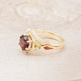 "LUCY IN THE SKY" - ROUND CUT GARNET ENGAGEMENT RING WITH DIAMOND ACCENTS, RED OPAL INLAYS WITH TRACER