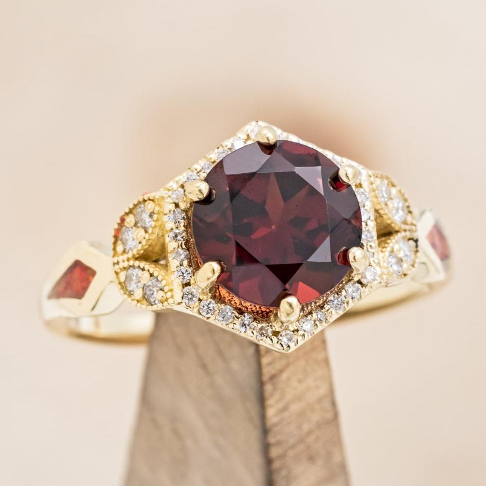 "LUCY IN THE SKY" - ROUND CUT GARNET ENGAGEMENT RING WITH DIAMOND ACCENTS, RED OPAL INLAYS WITH TRACER-7