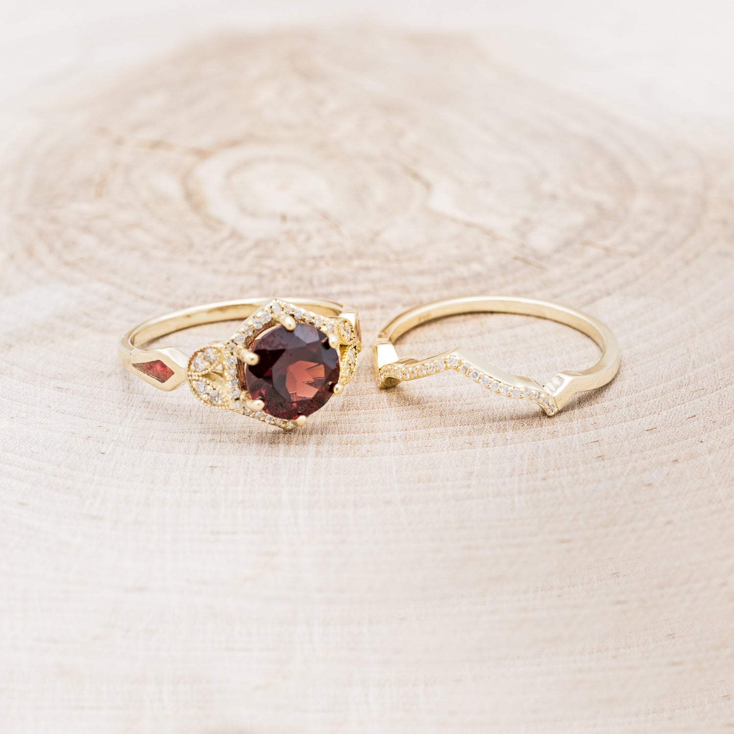 "LUCY IN THE SKY" - ROUND CUT GARNET ENGAGEMENT RING WITH DIAMOND ACCENTS, RED OPAL INLAYS WITH TRACER-5