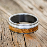 "RAPTOR" - MOTHER OF PEARL & WHISKEY BARREL OAK WEDDING BAND-5