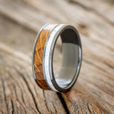 "RAPTOR" - MOTHER OF PEARL & WHISKEY BARREL OAK WEDDING BAND-4