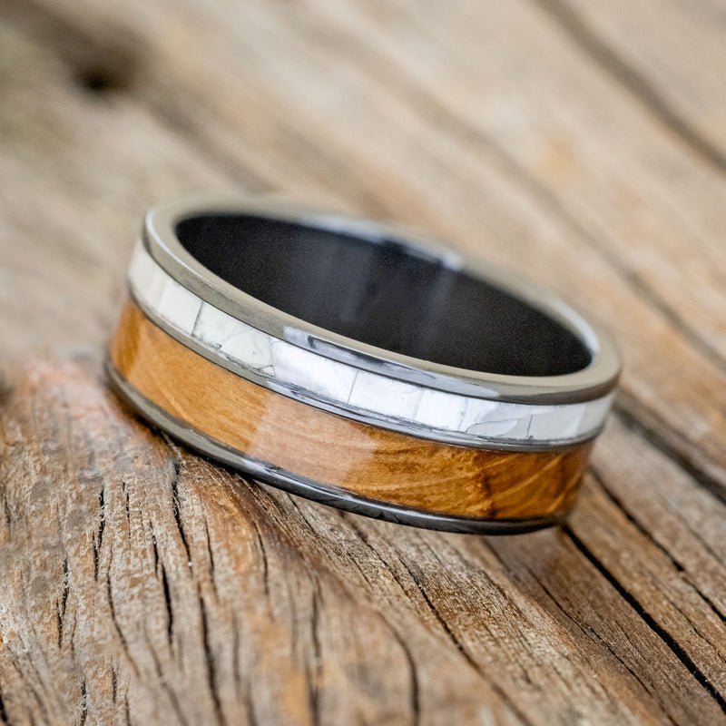 "RAPTOR" - MOTHER OF PEARL & WHISKEY BARREL OAK WEDDING BAND-6