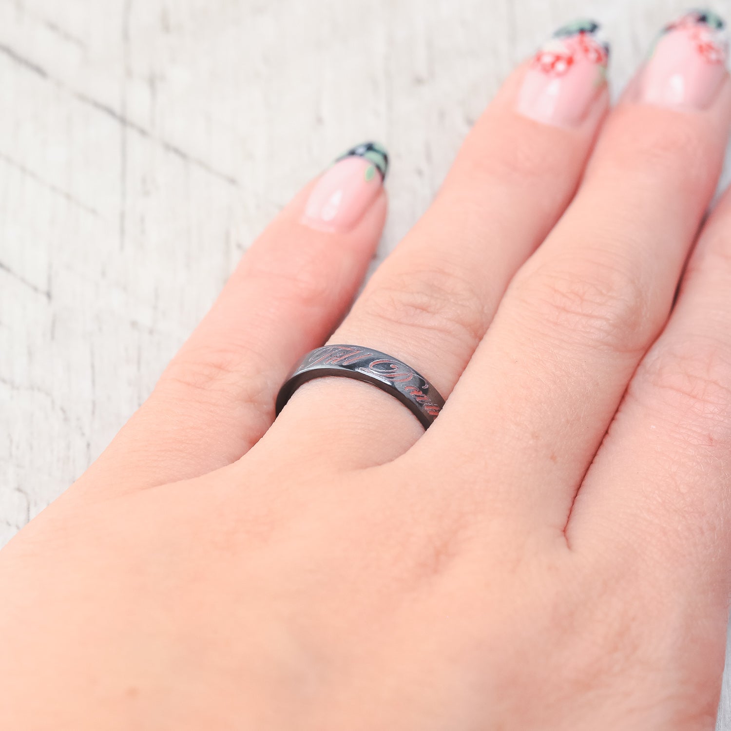 "TILL DEATH" - MATCHING SET OF ENGRAVED BLACK ZIRCONIUM WEDDING BANDS-17