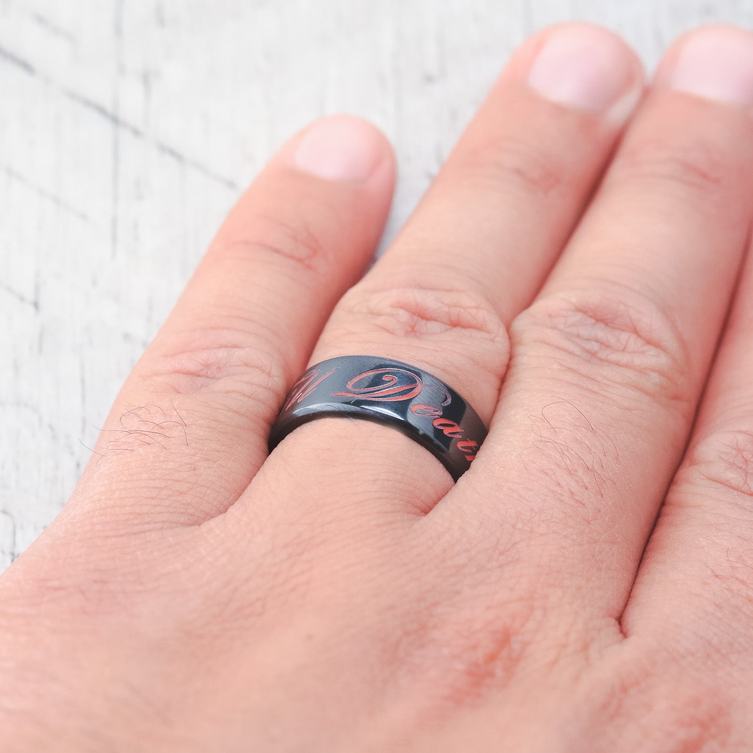 "TILL DEATH" - MATCHING SET OF ENGRAVED BLACK ZIRCONIUM WEDDING BANDS-16