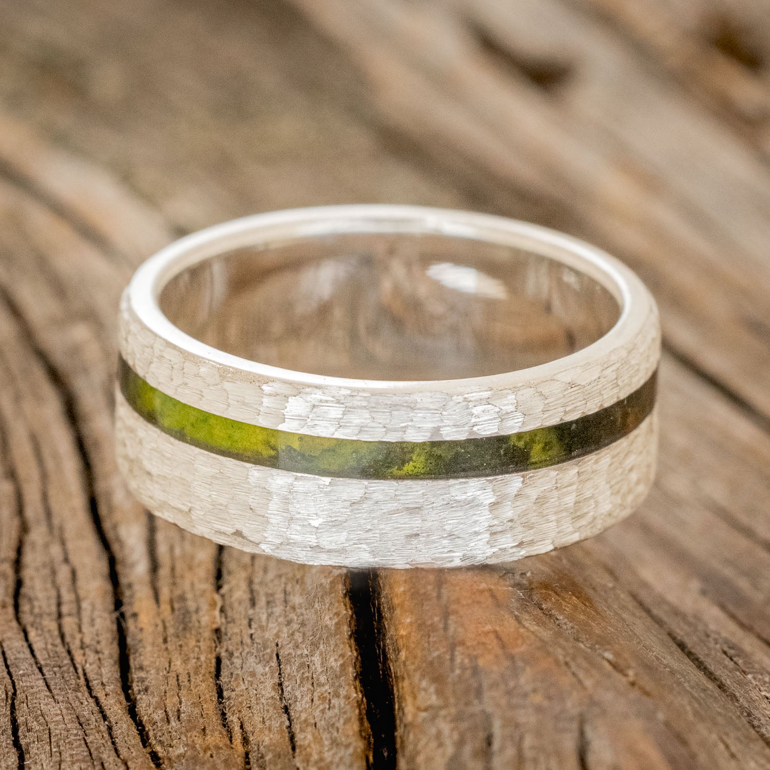 "VERTIGO" - MOSSY PATINA COPPER WEDDING BAND WITH A HAMMERED FINISH-6