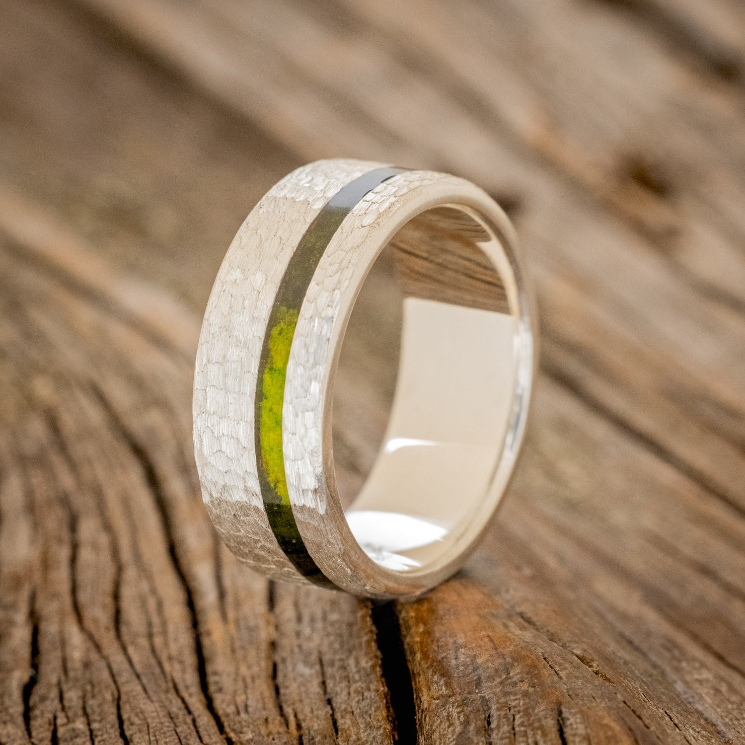 "VERTIGO" - MOSSY PATINA COPPER WEDDING BAND WITH A HAMMERED FINISH-4