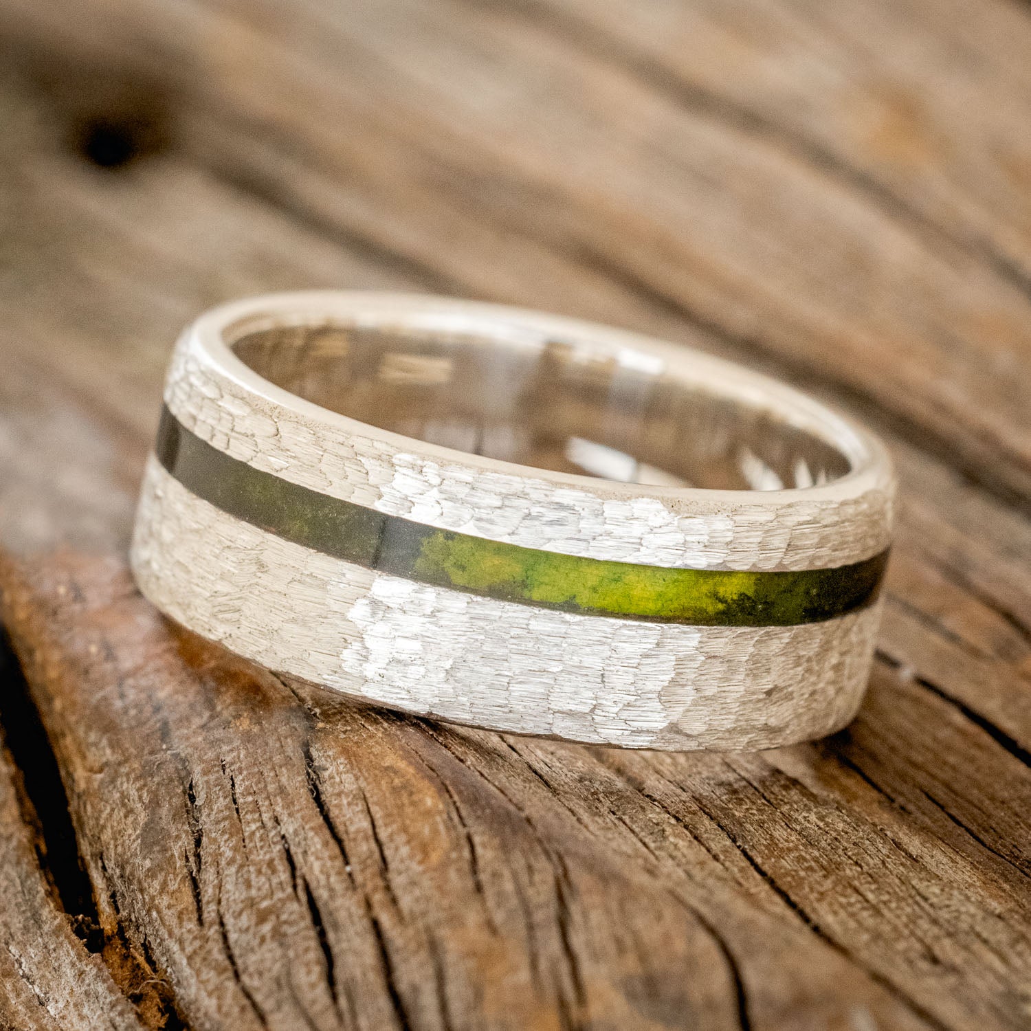 "VERTIGO" - MOSSY PATINA COPPER WEDDING BAND WITH A HAMMERED FINISH-5