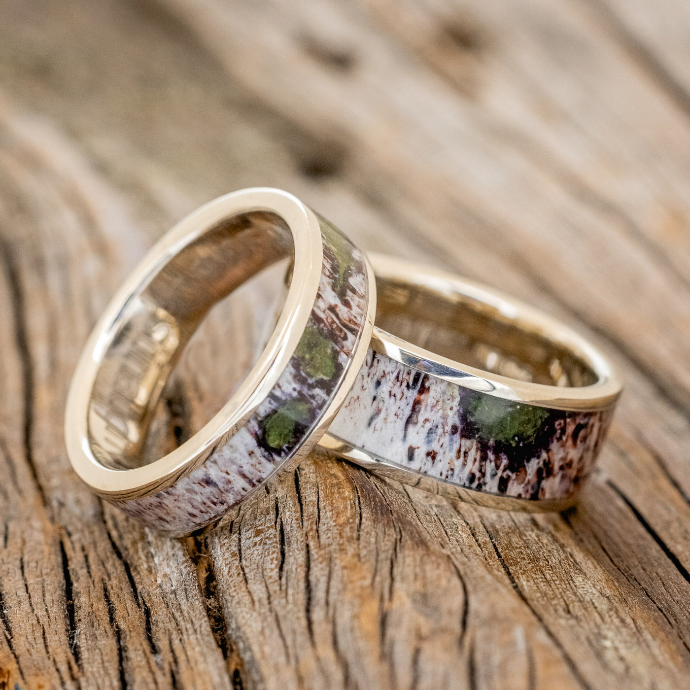 Rainier Matching Set of Moss Antler Wedding Bands 14K White Gold