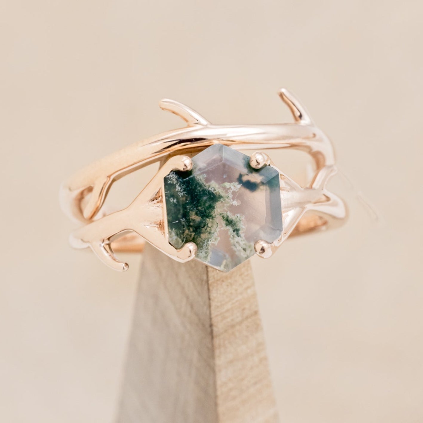 "ARTEMIS" - HEXAGON MOSS AGATE ENGAGEMENT RING WITH AN ANTLER-STYLE STACKING BAND-19