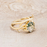 "ARTEMIS" - HEXAGON MOSS AGATE ENGAGEMENT RING WITH AN ANTLER-STYLE STACKING BAND
