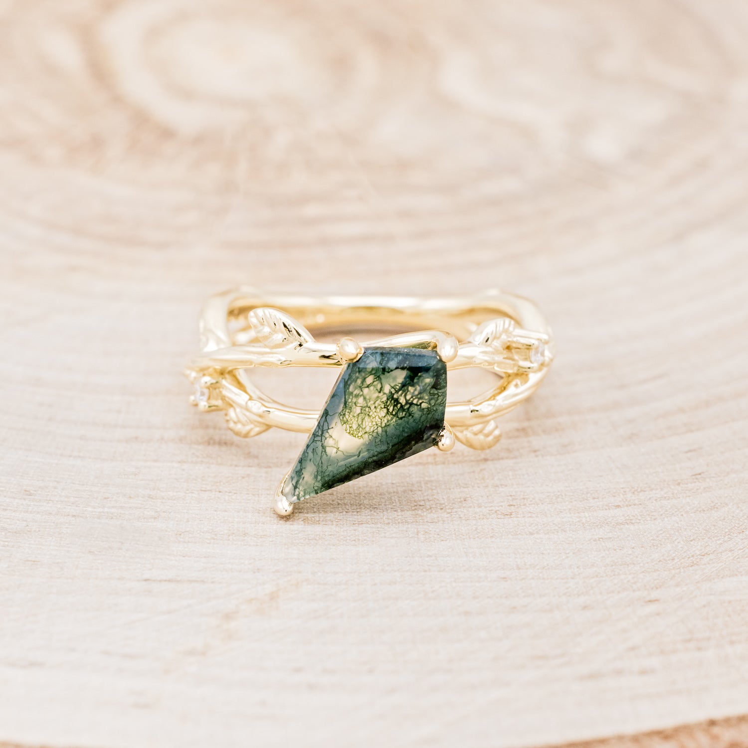 "ARTEMIS ON THE VINE" - DIAGONAL KITE CUT MOSS AGATE ENGAGEMENT RING WITH DIAMOND ACCENTS & A BRANCH-STYLE BAND-16