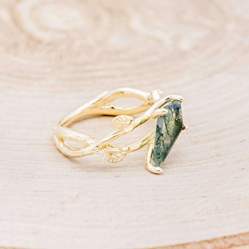 "ARTEMIS ON THE VINE" - DIAGONAL KITE CUT MOSS AGATE ENGAGEMENT RING WITH DIAMOND ACCENTS & A BRANCH-STYLE BAND