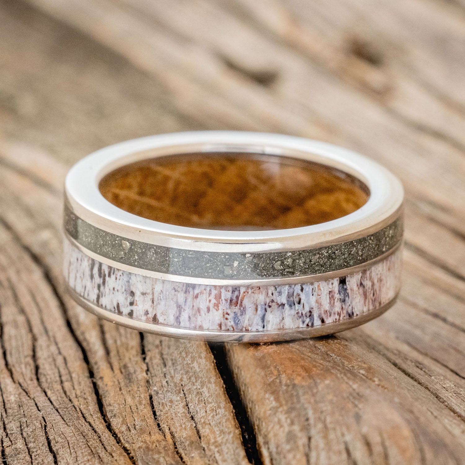 "RAPTOR" - ELK ANTLER & PYRITE WEDDING BAND WITH A WHISKEY BARREL OAK LINING-5