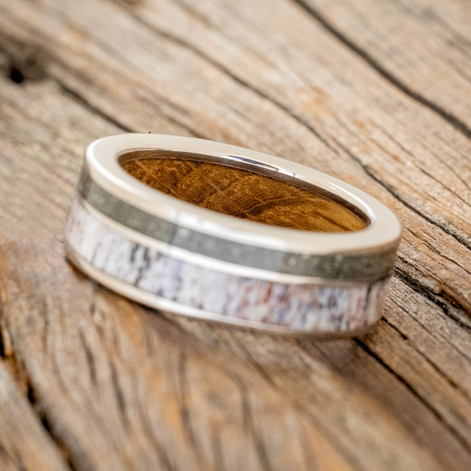 "RAPTOR" - ELK ANTLER & PYRITE WEDDING BAND WITH A WHISKEY BARREL OAK LINING-3