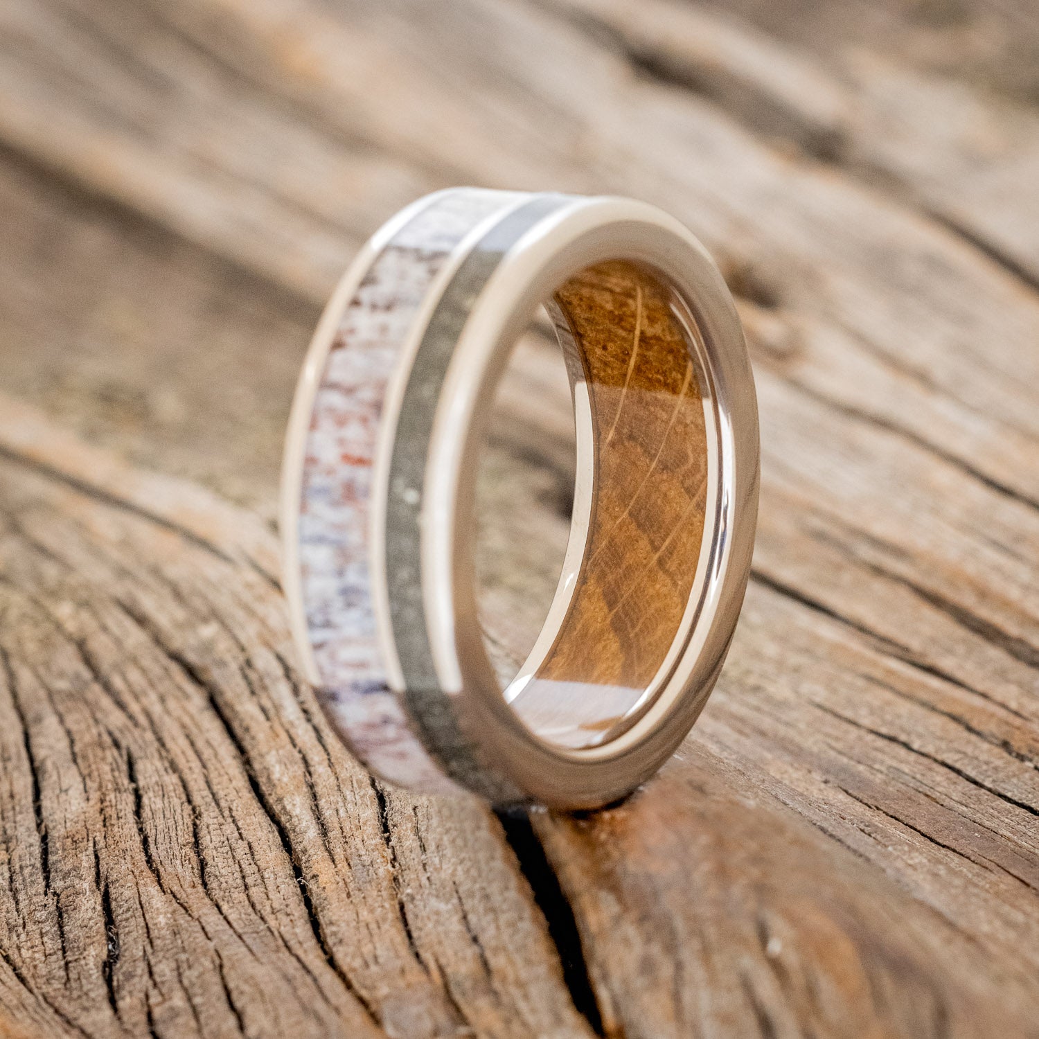 "RAPTOR" - ELK ANTLER & PYRITE WEDDING BAND WITH A WHISKEY BARREL OAK LINING-2