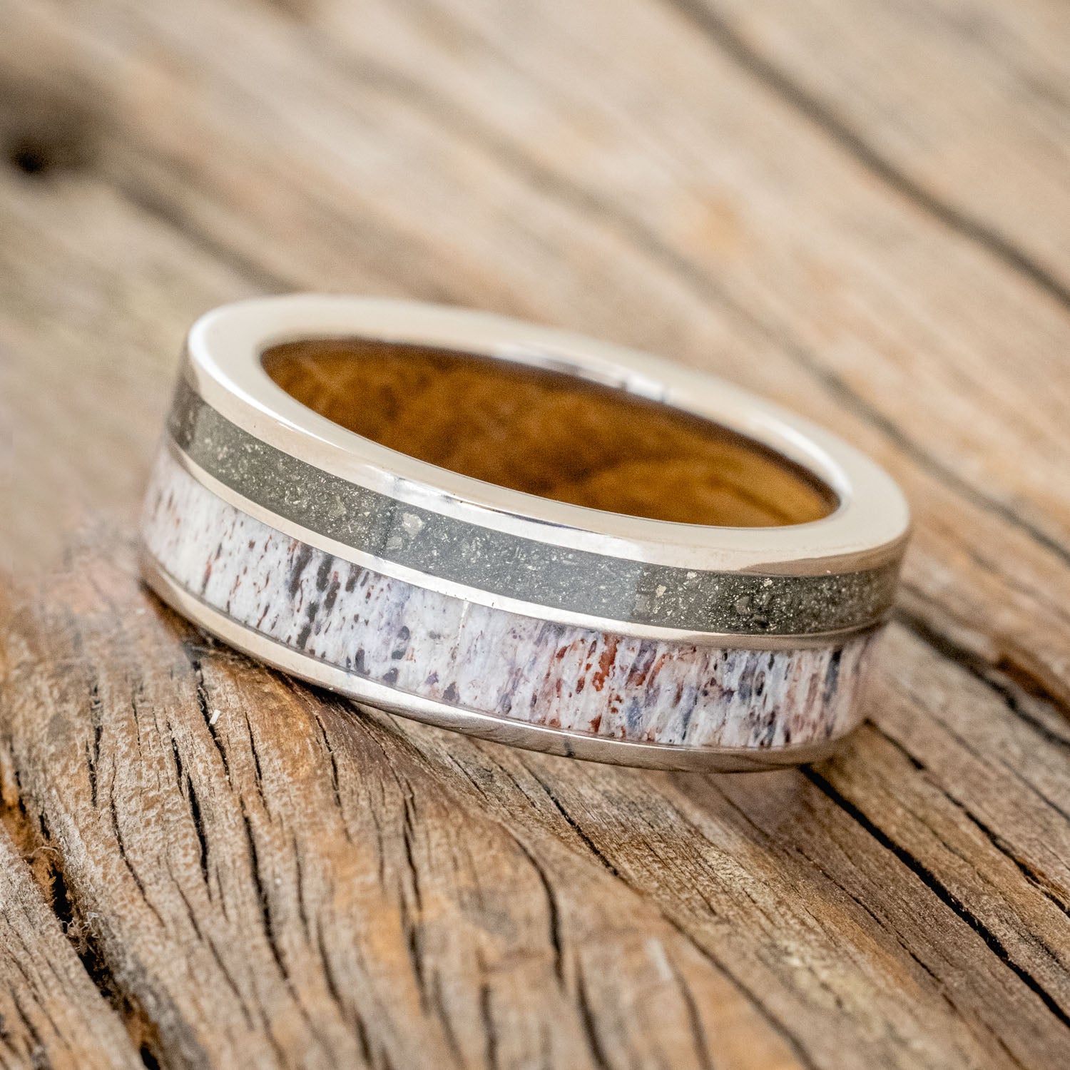 "RAPTOR" - ELK ANTLER & PYRITE WEDDING BAND WITH A WHISKEY BARREL OAK LINING-4