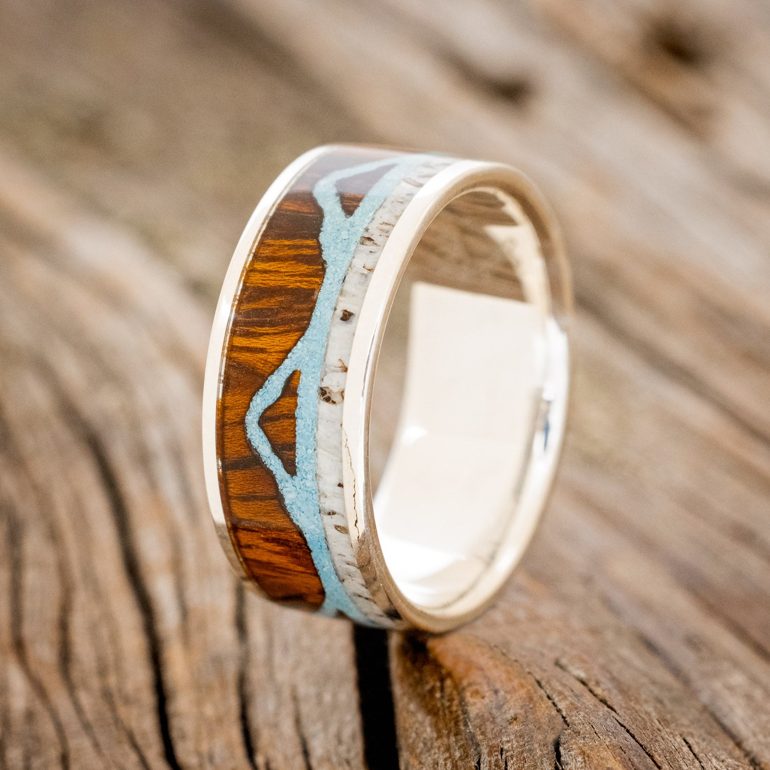 "THE EXPEDITION" - MOUNTAIN ENGRAVED WEDDING RING WITH REDWOOD, TURQUOISE & ANTLER-7