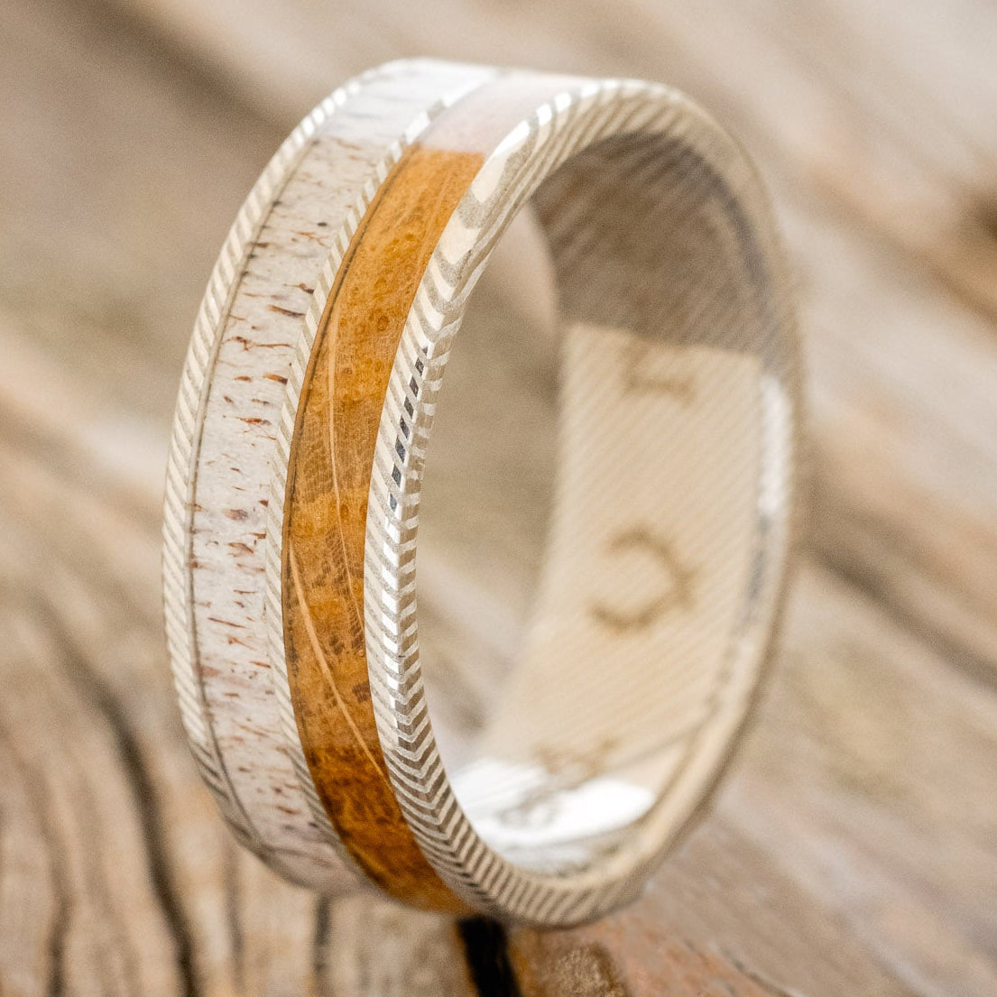 "DYAD" - WHISKEY BARREL OAK & ANTLER WEDDING BAND-17
