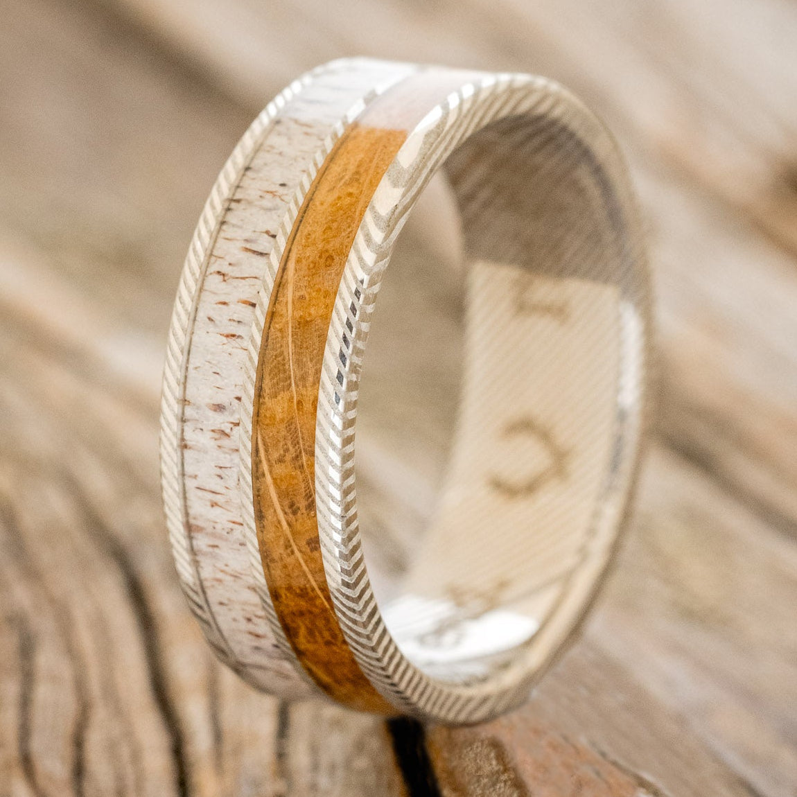 "DYAD" - WHISKEY BARREL OAK & ANTLER WEDDING BAND - READY TO SHIP-11