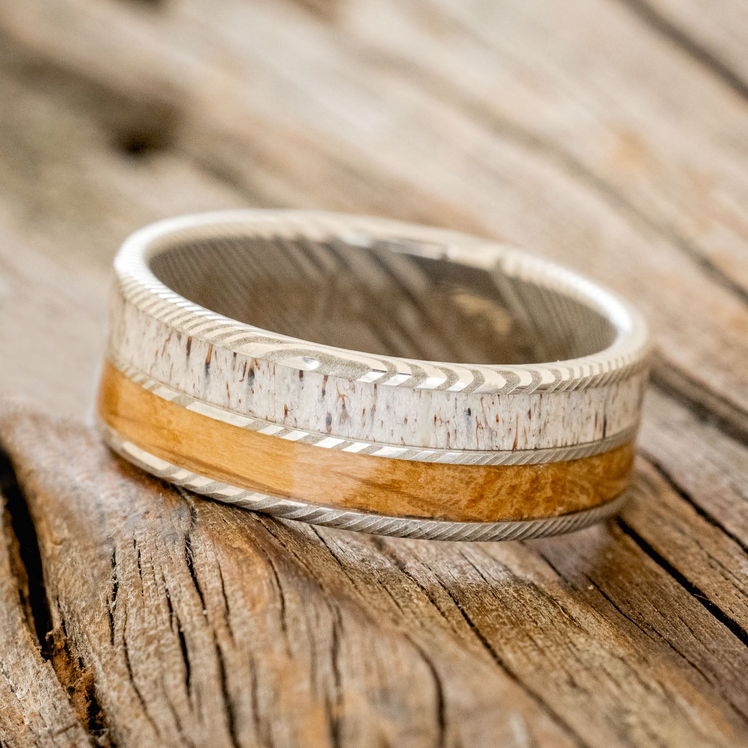 Dyad Antler and Oak Whiskey Barrel Wedding Ring | Staghead Designs