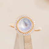 "TERRA" - ROUND CUT MOONSTONE ENGAGEMENT RING WITH DIAMOND HALO - 14K ROSE GOLD - SIZE 6 3/4-1