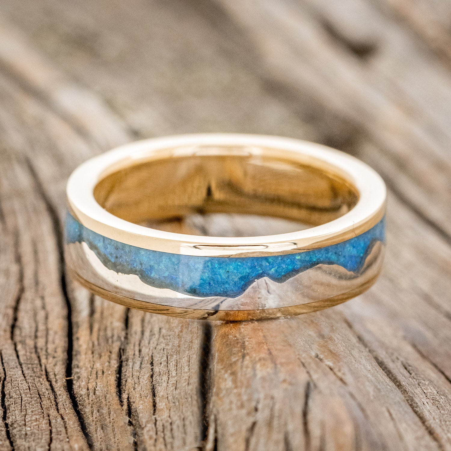 "HELIOS" - BLUE OPAL & 14K GOLD MOUNTAIN RANGE WEDDING BAND-3