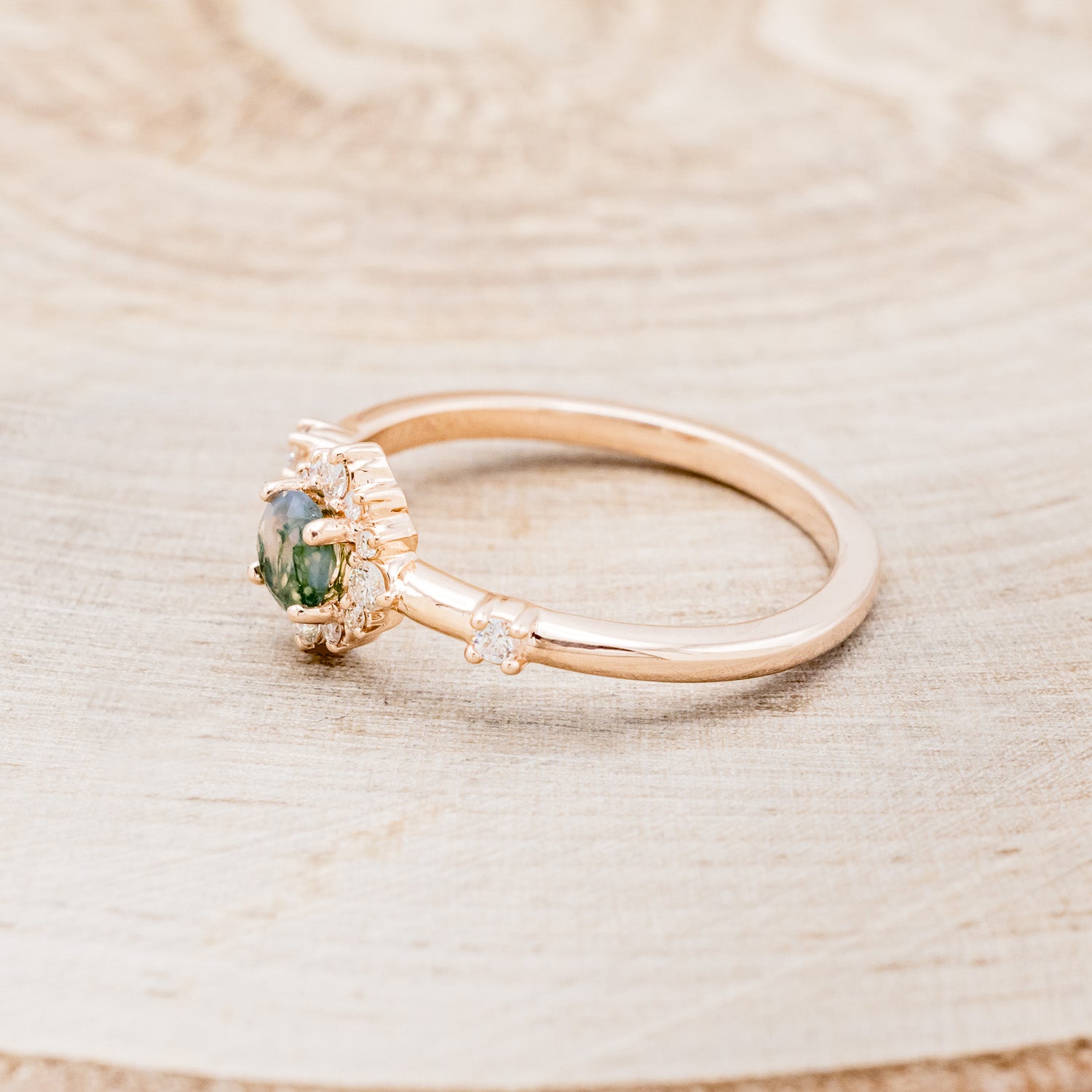 "STARLA" - ROUND CUT MOSS AGATE ENGAGEMENT RING WITH A STARBURST DIAMOND HALO-9