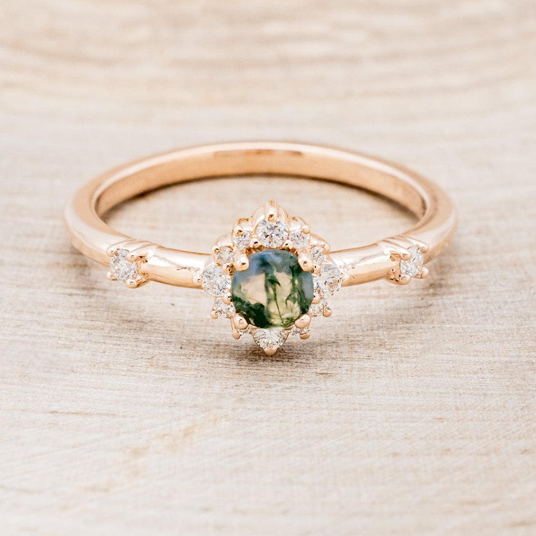 "STARLA" - ROUND CUT MOSS AGATE ENGAGEMENT RING WITH A STARBURST DIAMOND HALO-10