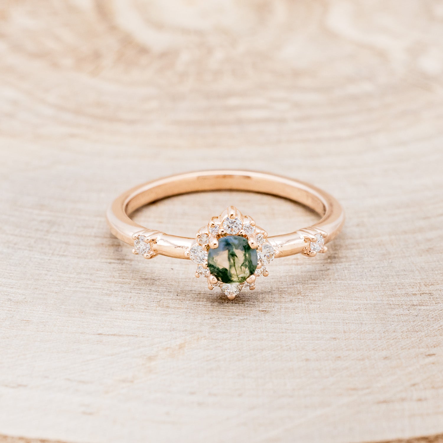 "STARLA" - ROUND CUT MOSS AGATE ENGAGEMENT RING WITH A STARBURST DIAMOND HALO-10