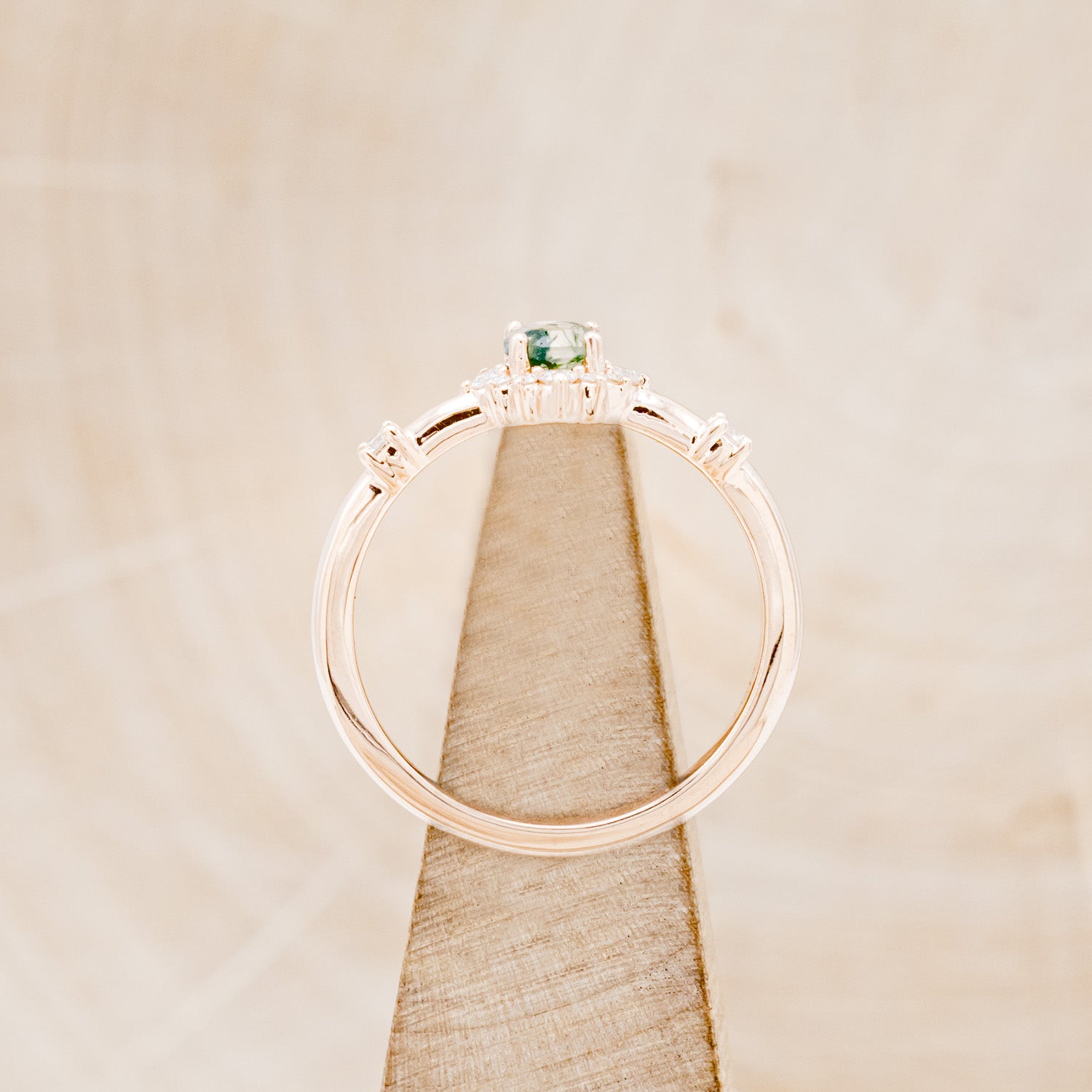 "STARLA" - ROUND CUT MOSS AGATE ENGAGEMENT RING WITH A STARBURST DIAMOND HALO-12