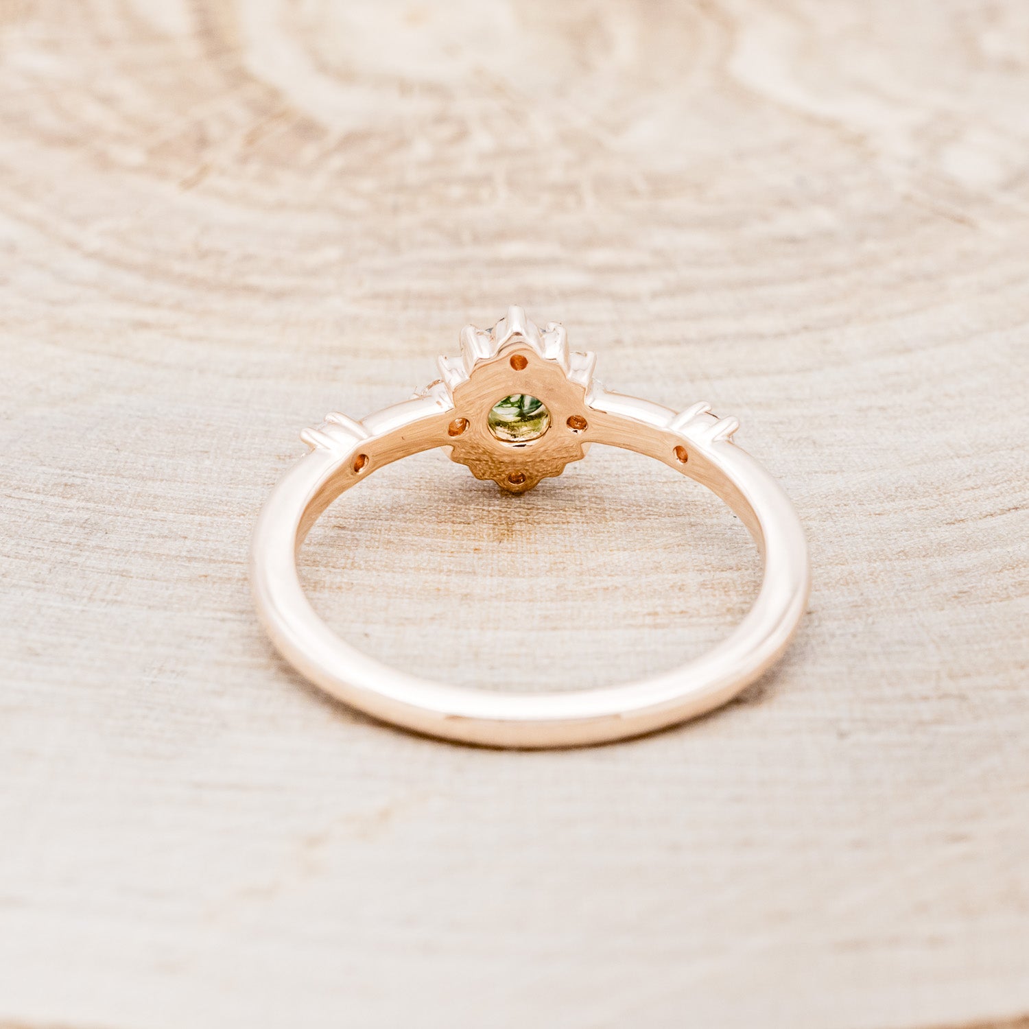 "STARLA" - ROUND CUT MOSS AGATE ENGAGEMENT RING WITH A STARBURST DIAMOND HALO-11