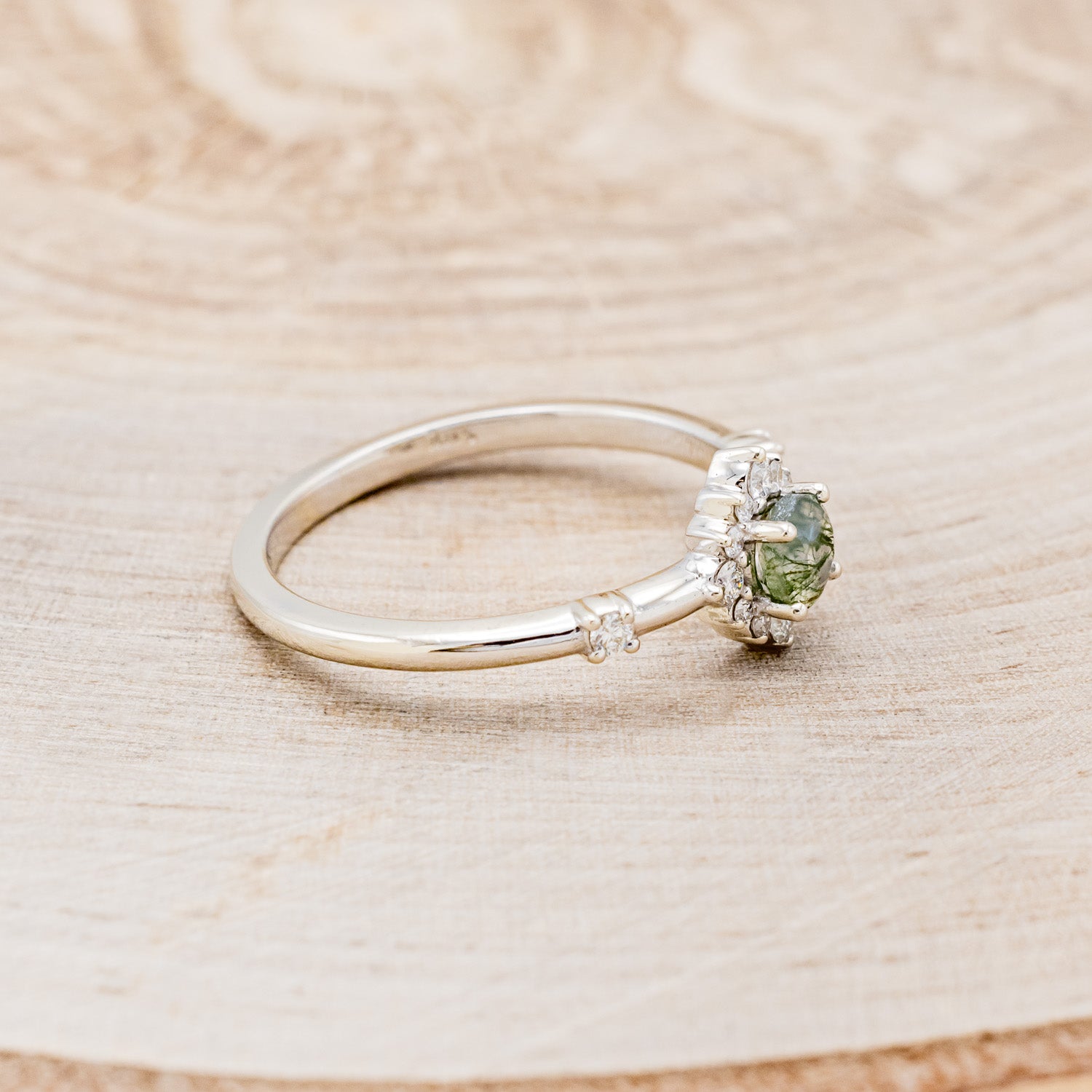 "STARLA" - ROUND CUT MOSS AGATE ENGAGEMENT RING WITH A STARBURST DIAMOND HALO-14