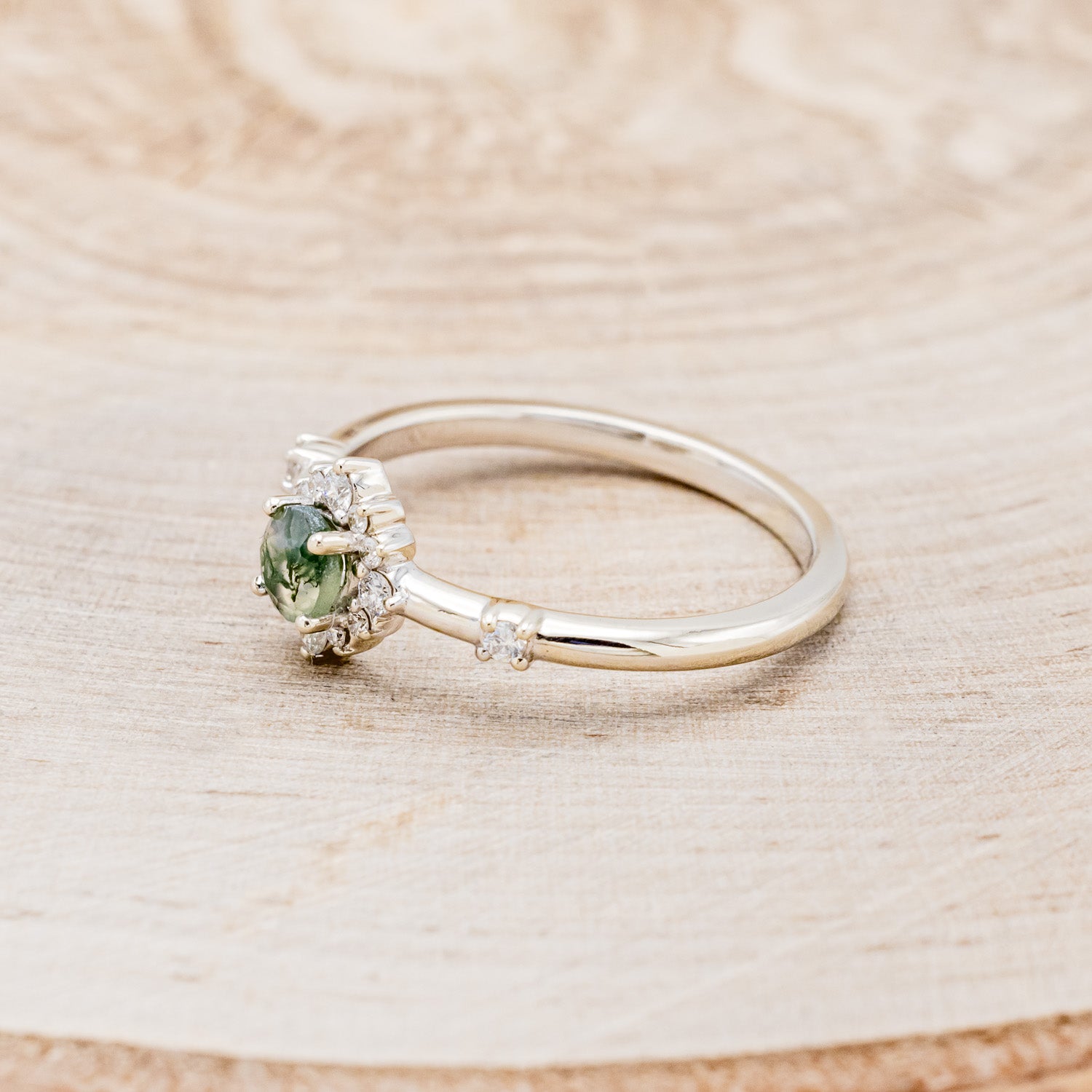 "STARLA" - ROUND CUT MOSS AGATE ENGAGEMENT RING WITH A STARBURST DIAMOND HALO-15