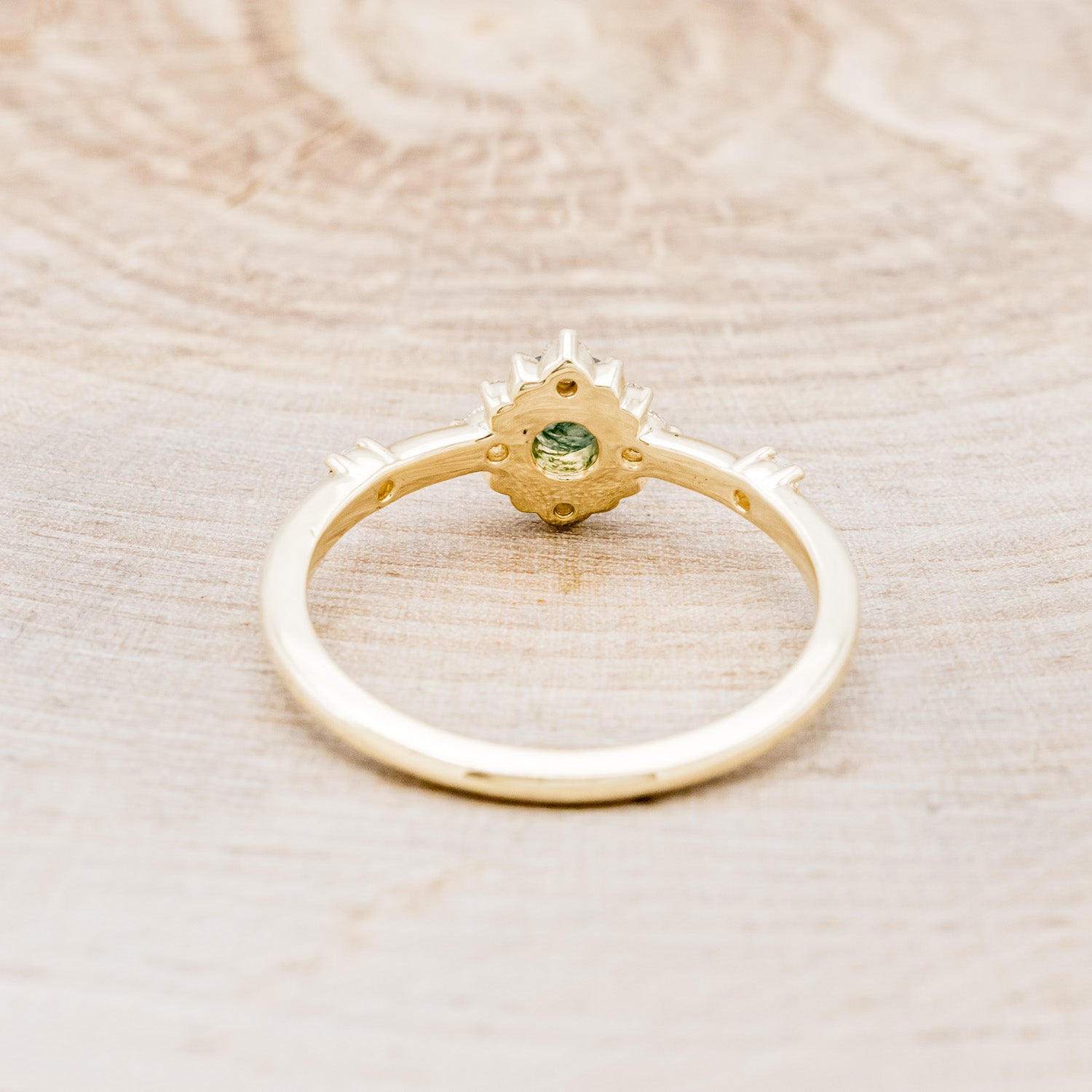 "STARLA" - ROUND CUT MOSS AGATE ENGAGEMENT RING WITH A STARBURST DIAMOND HALO-6