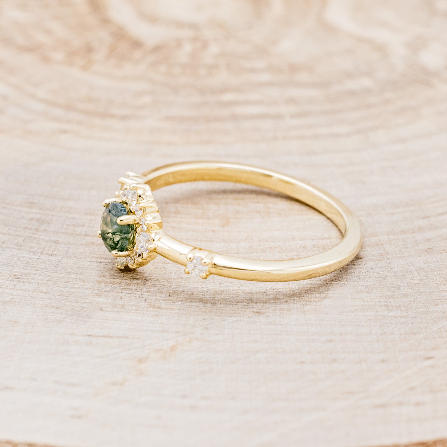 "STARLA" - ROUND CUT MOSS AGATE ENGAGEMENT RING WITH A STARBURST DIAMOND HALO-3