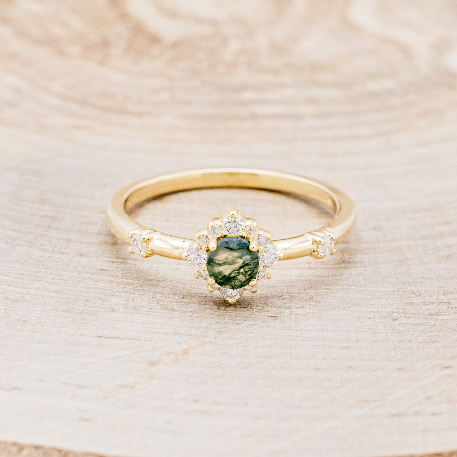 "STARLA" - ROUND CUT MOSS AGATE ENGAGEMENT RING WITH A STARBURST DIAMOND HALO-4
