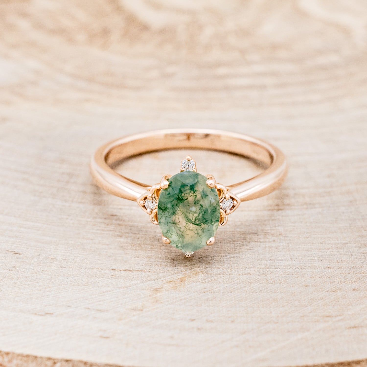 "ZELLA" - OVAL MOSS AGATE ENGAGEMENT RING WITH DIAMOND ACCENTS-10